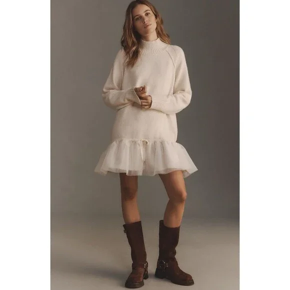 Anthropologie Mini Dress Ivory Long Sleeve Tulle Twofer Preppy Retro Large  P NWT